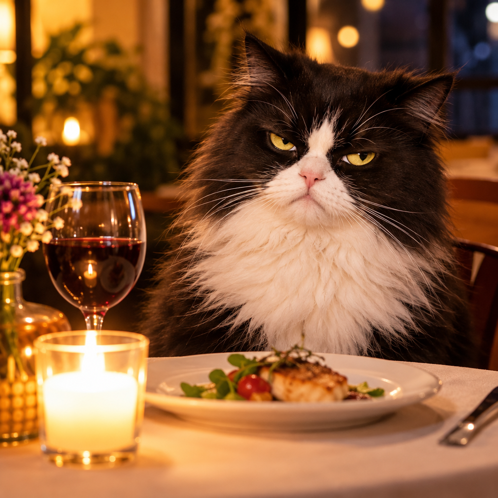 Black and white longhair cat glaring across a candlelit dinner table with dramatic expression