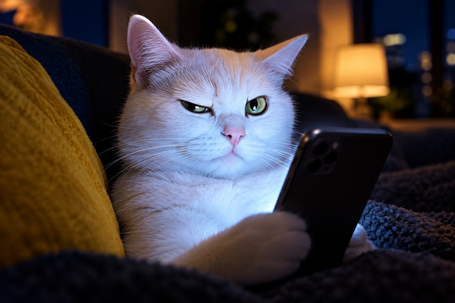 Sleek white cat with one raised eyebrow near glowing phone screen at night