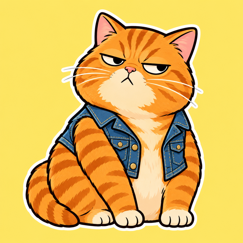 Chubby ginger tabby cat with narrowed eyes in a tiny denim vest sticker illustration