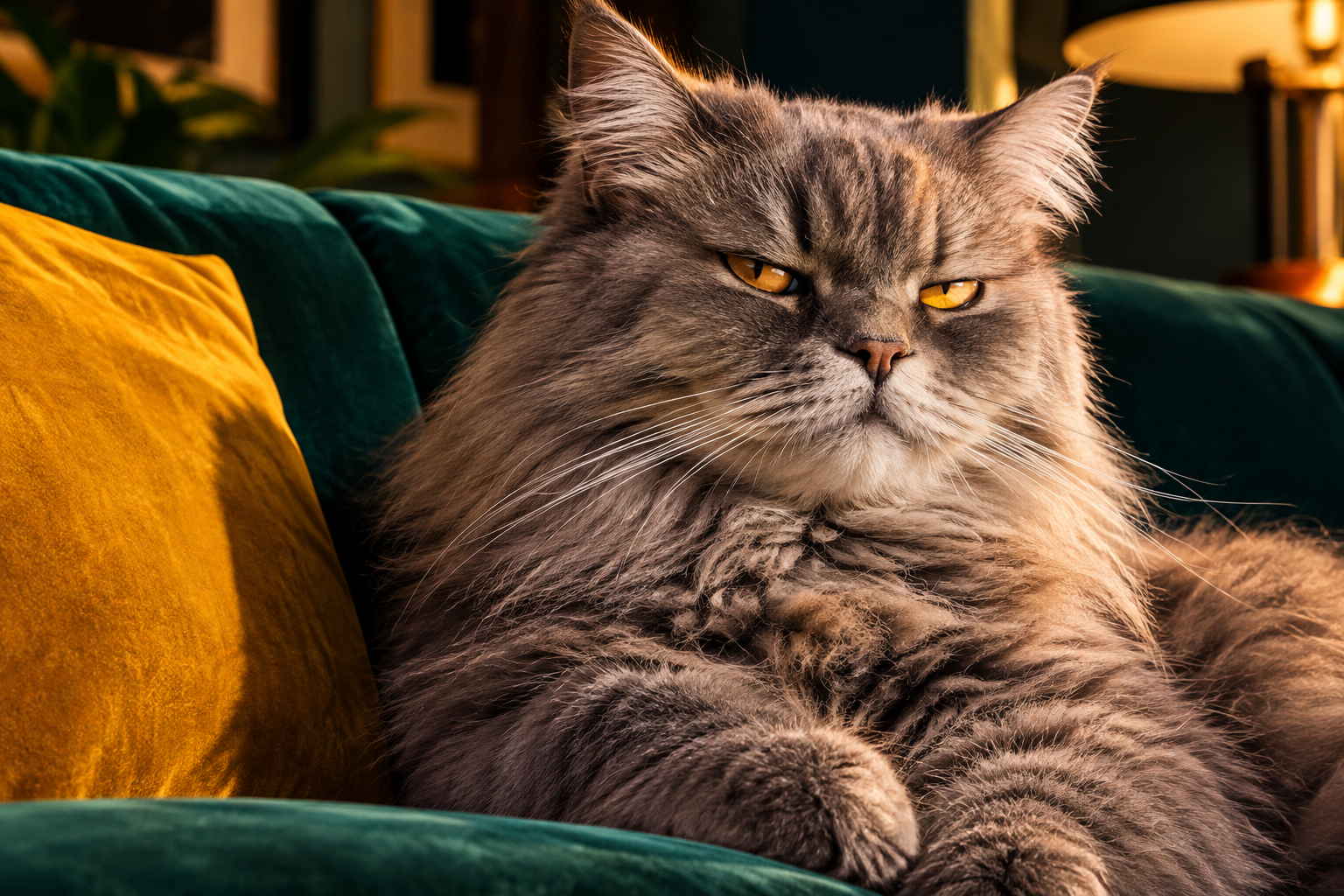 Large fluffy gray cat with narrowed amber eyes giving a dramatic judgmental stare from a velvet couch