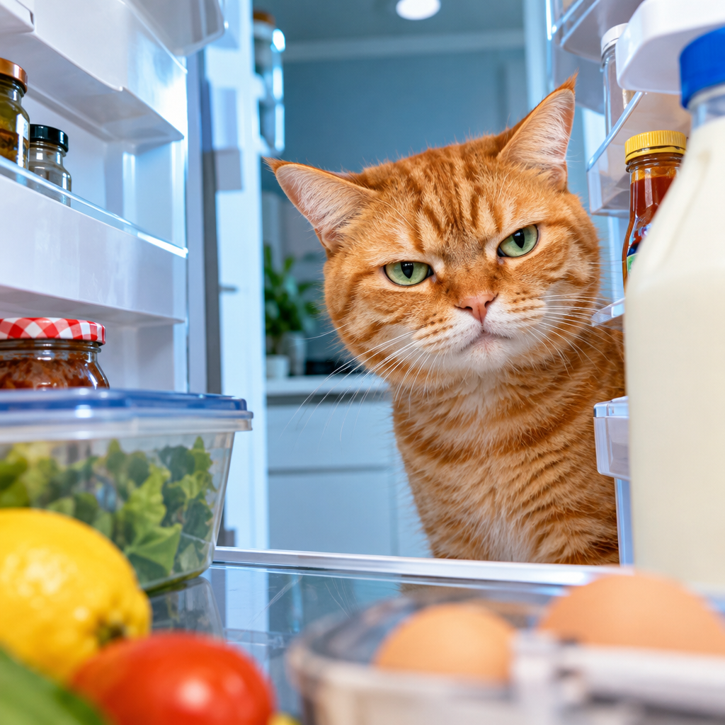 Small orange tabby cat with alert green eyes staring at an open fridge in cool kitchen light