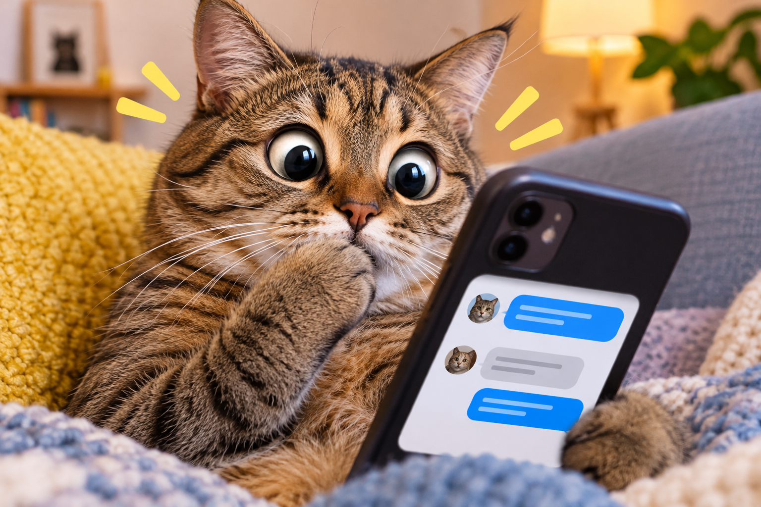 Striped tabby cat staring at phone with huge eyes while chat bubbles glow on screen