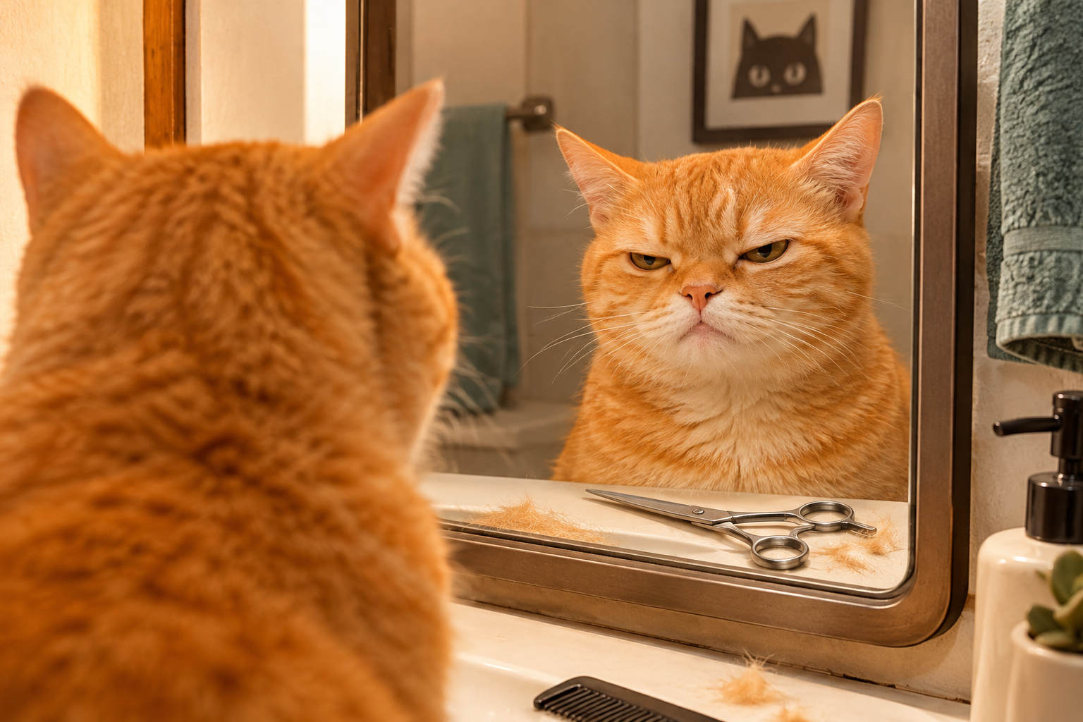 Small orange cat glaring at bathroom mirror with tiny scissors nearby