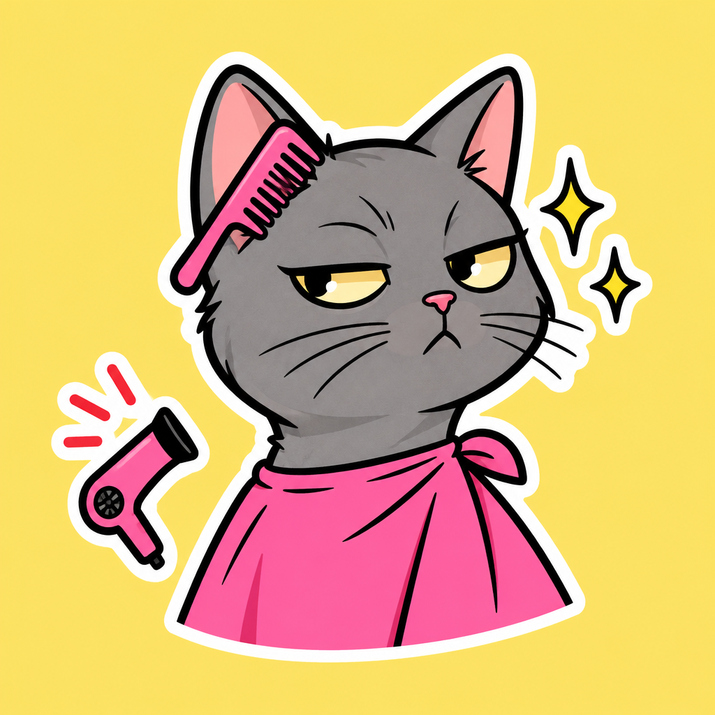 Slim gray cat with dramatic side-eye and a comb tucked behind one ear, flat sticker style