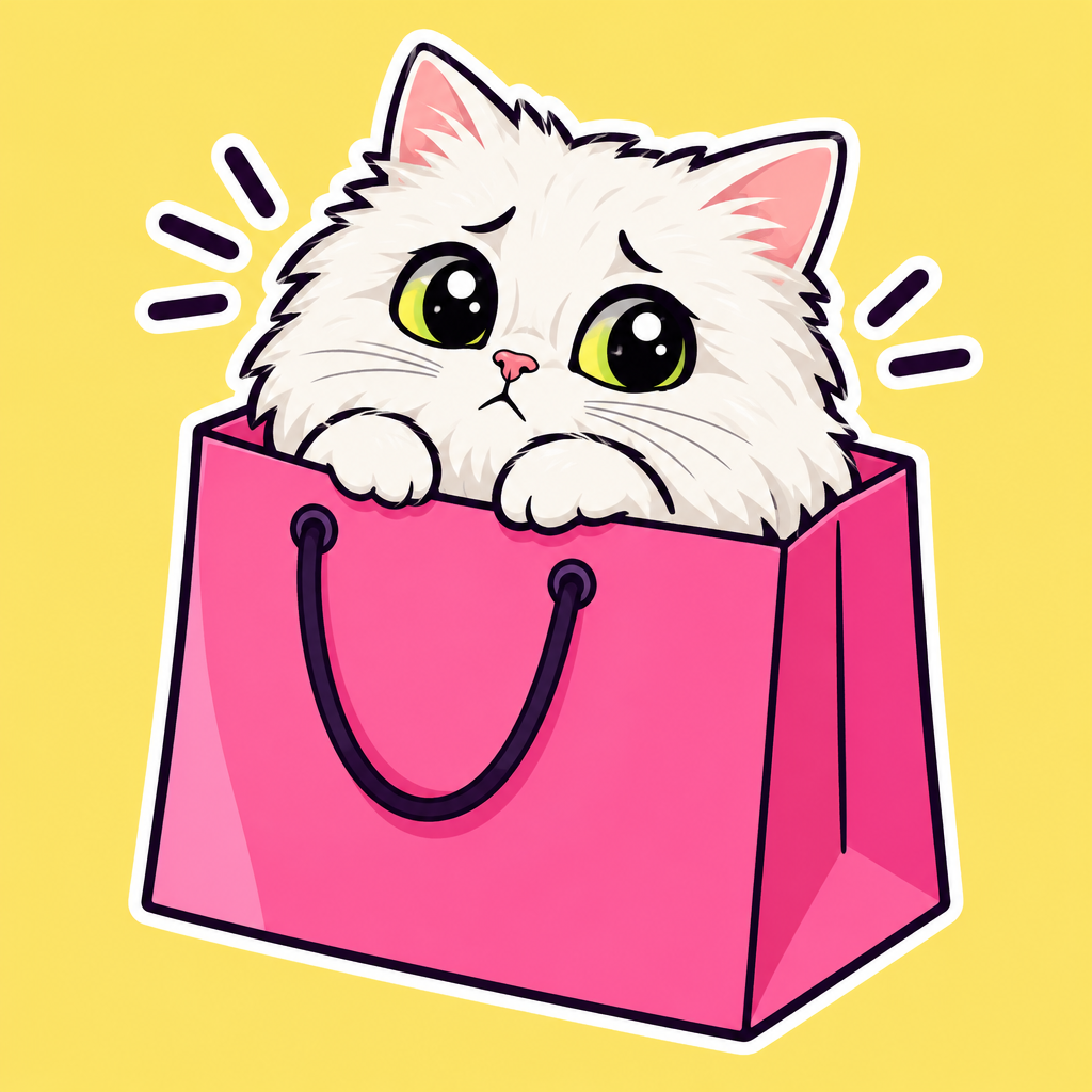 Fluffy white cat peeking from a shopping bag with sparkly eyes, cartoon sticker style