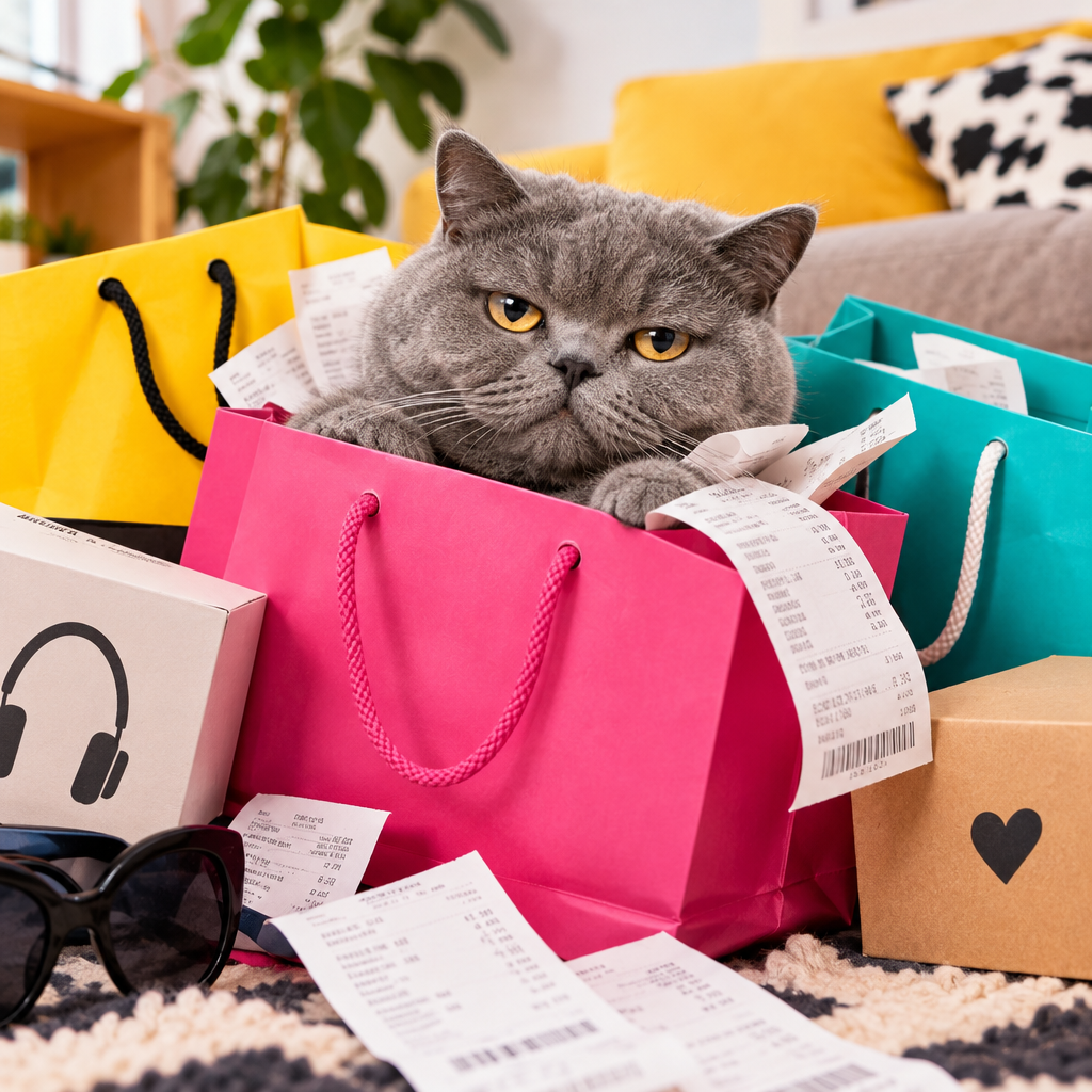 Round gray British Shorthair cat peeking from a pile of colorful shopping bags with unimpressed eyes