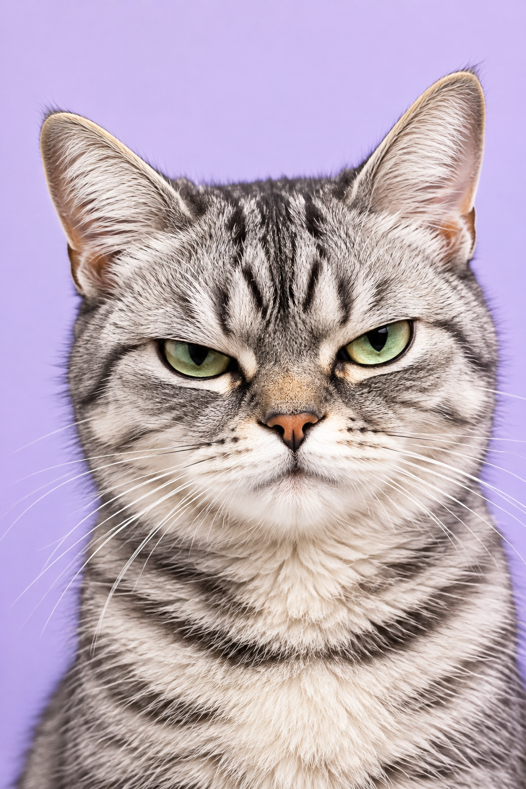 Close-up of an intensely judgmental silver tabby cat with narrowed eyes and dramatic meme-style framing