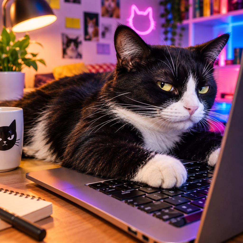 Sleek black-and-white tuxedo cat giving a sharp side-eye while lounging across a laptop keyboard