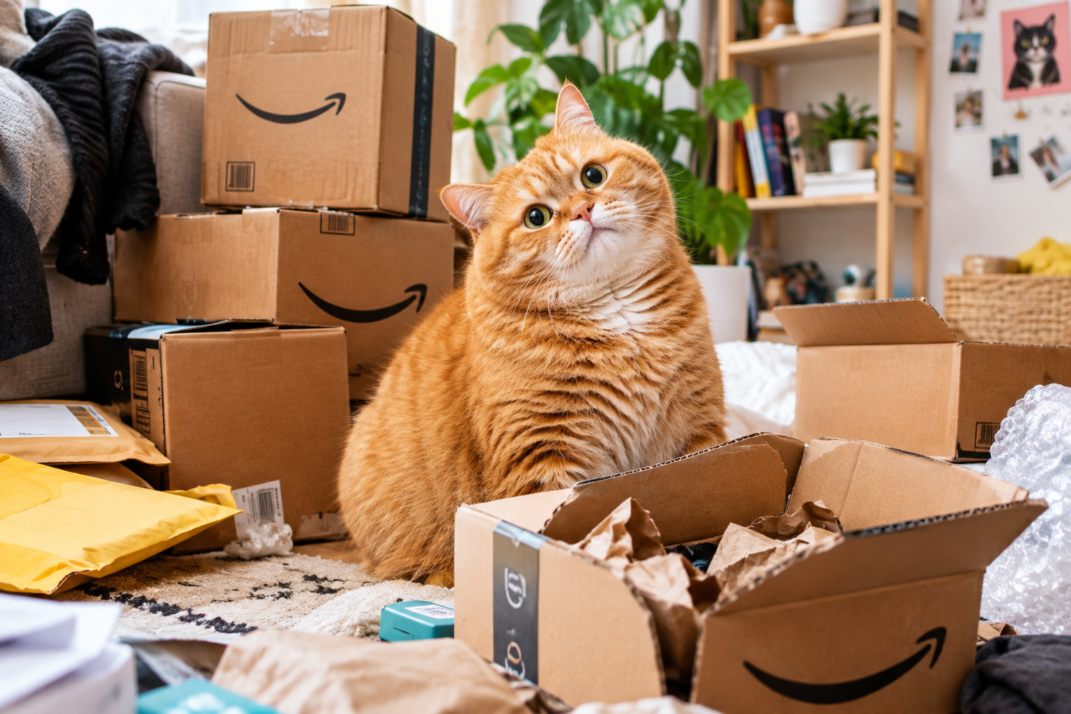 Chunky ginger cat sitting in cardboard boxes among random online shopping parcels