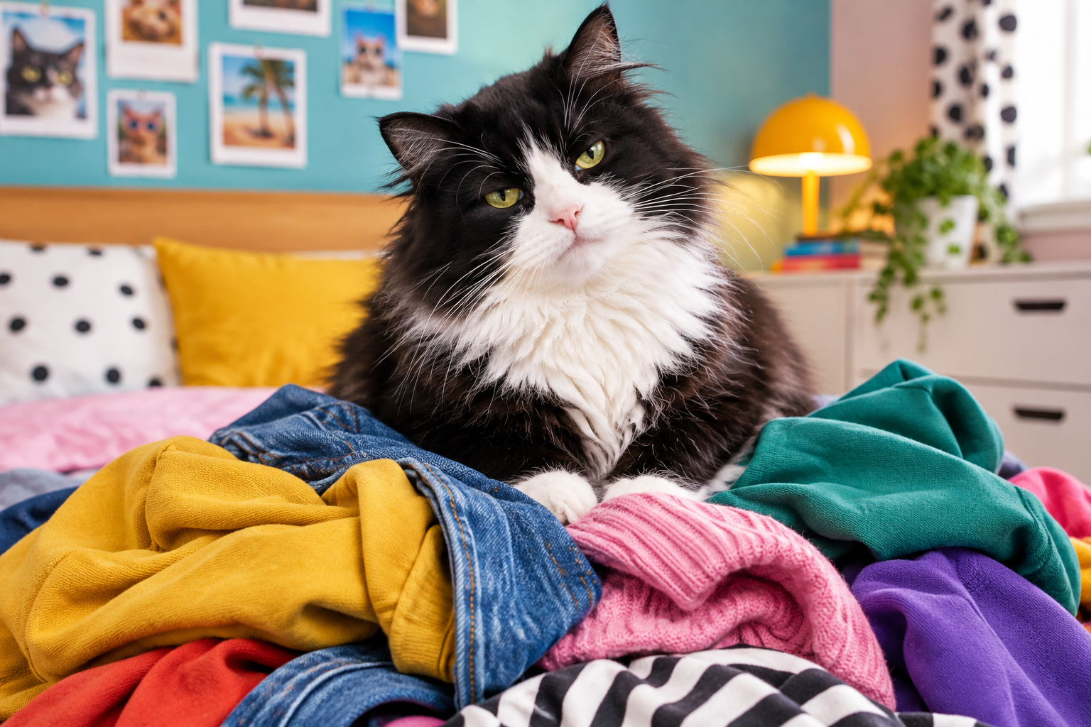 Long-haired black-and-white cat perched on colorful clothes pile with unimpressed face