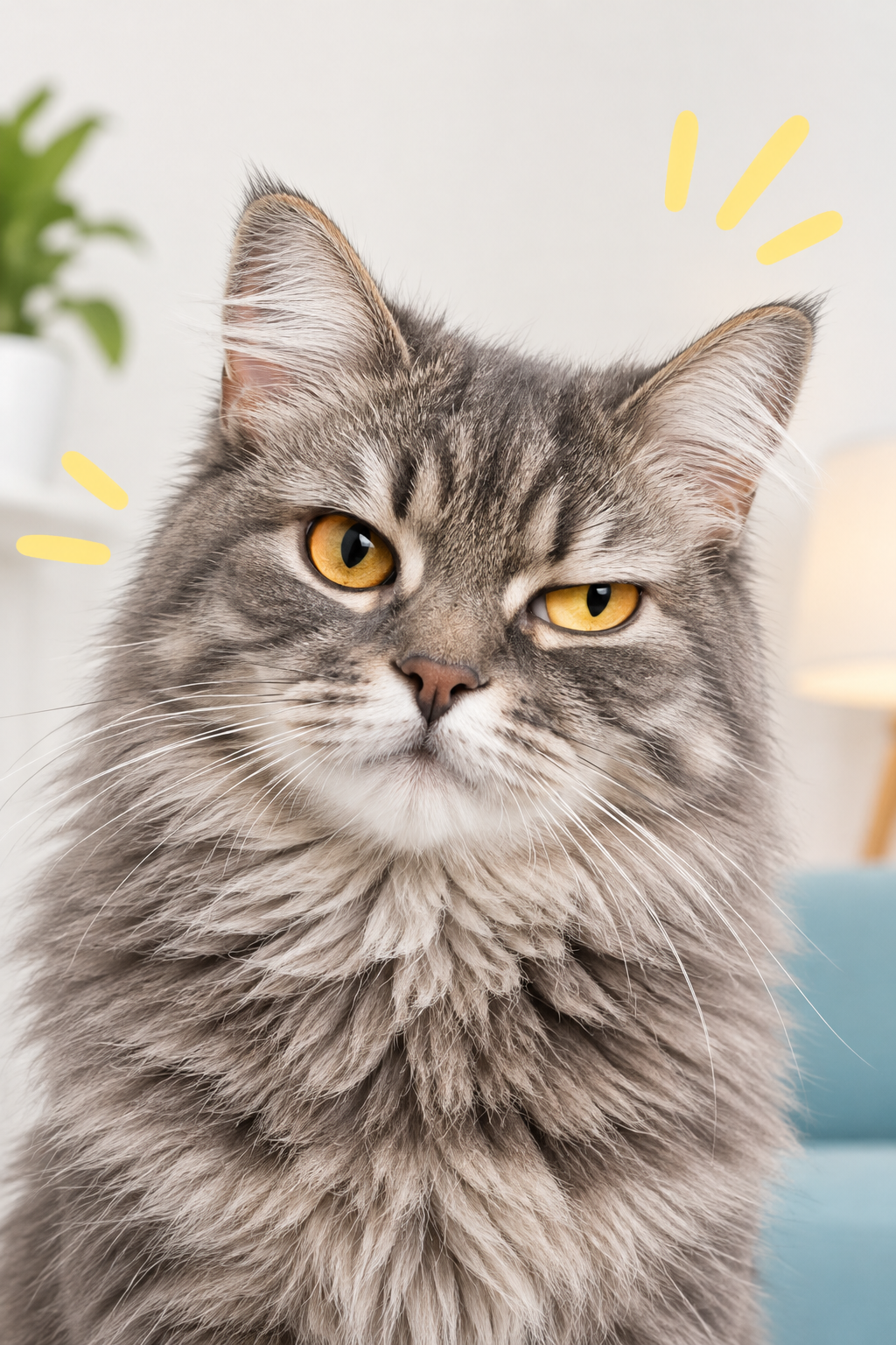 Fluffy gray tabby cat with a raised eyebrow and unimpressed expression, framed like a playful meme portrait
