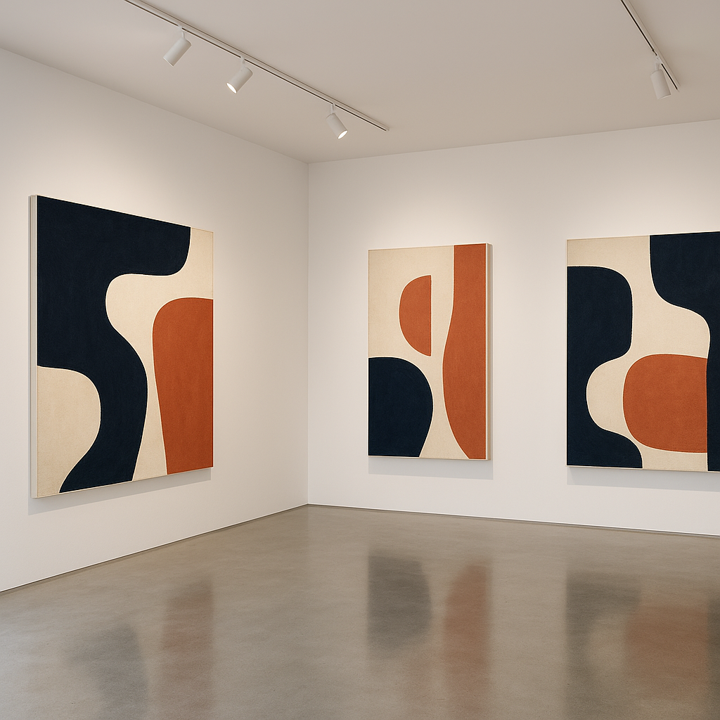 Minimalist white gallery space with bold abstract paintings in navy and terracotta tones