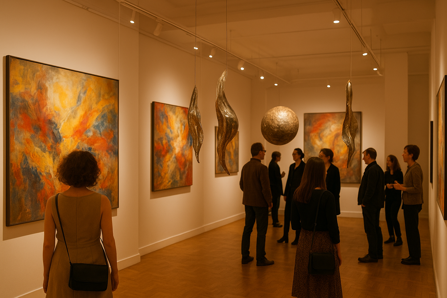Warm-lit contemporary gallery opening with visitors viewing large abstract paintings and hanging sculptures