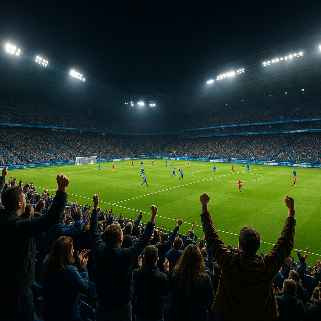 Nighttime football stadium in Poznan with bright floodlights and cheering fans