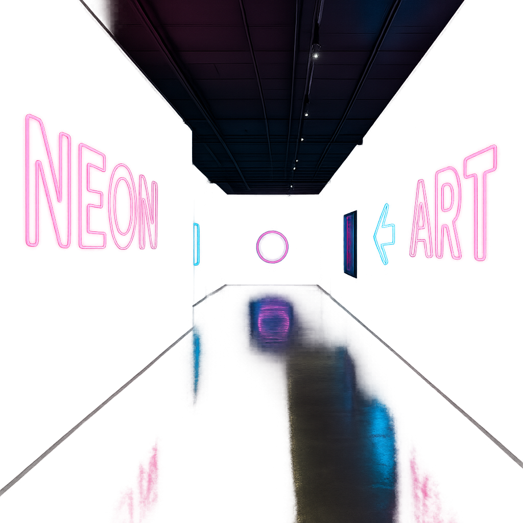 Neon art exhibition corridor with glowing pink and blue signage reflected on polished concrete