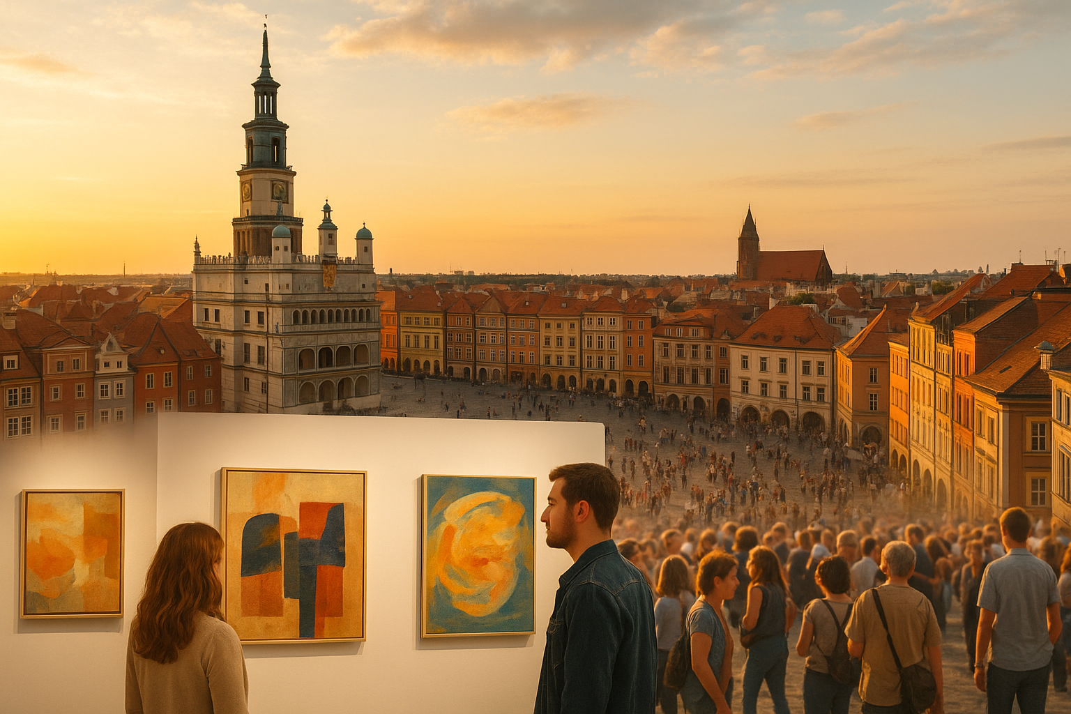Poznan city scene blending an art exhibition and evening event atmosphere