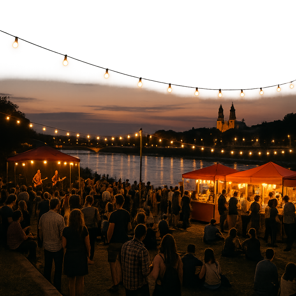 Evening riverside community festival with string lights, small stage, and people gathered near the water