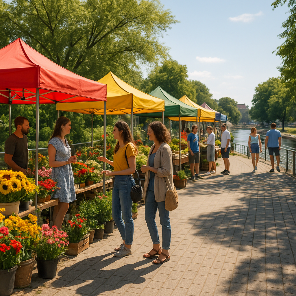 Sunny riverside promenade with colorful market stalls, flowers, and people browsing