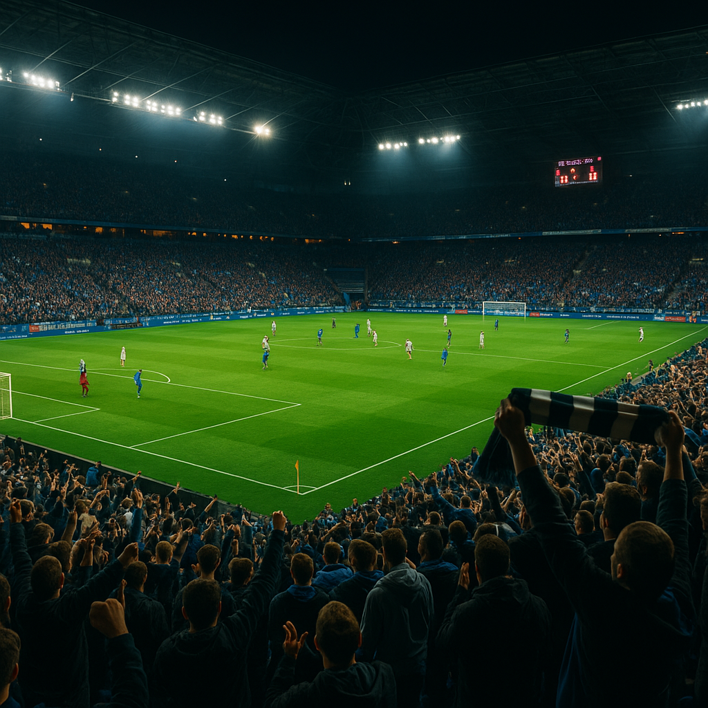 Night football match at a Poznan stadium with cheering supporters and green pitch lights