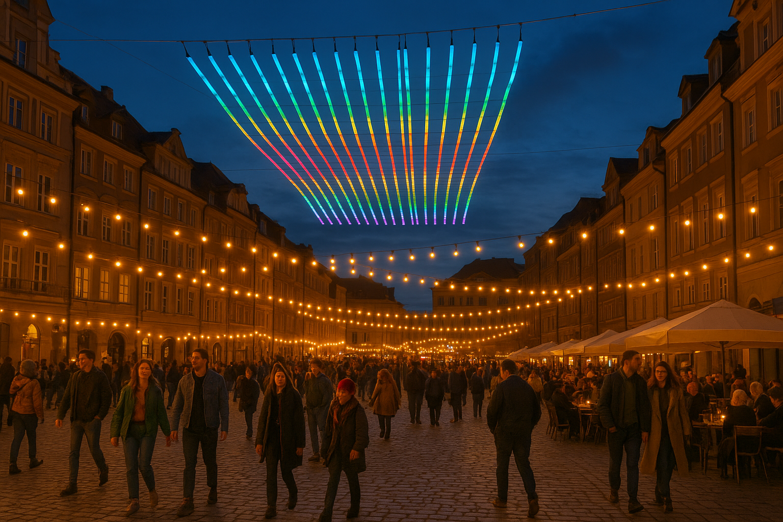 Evening city square in Poznan glowing with warm string lights and a colorful light installation above a lively crowd