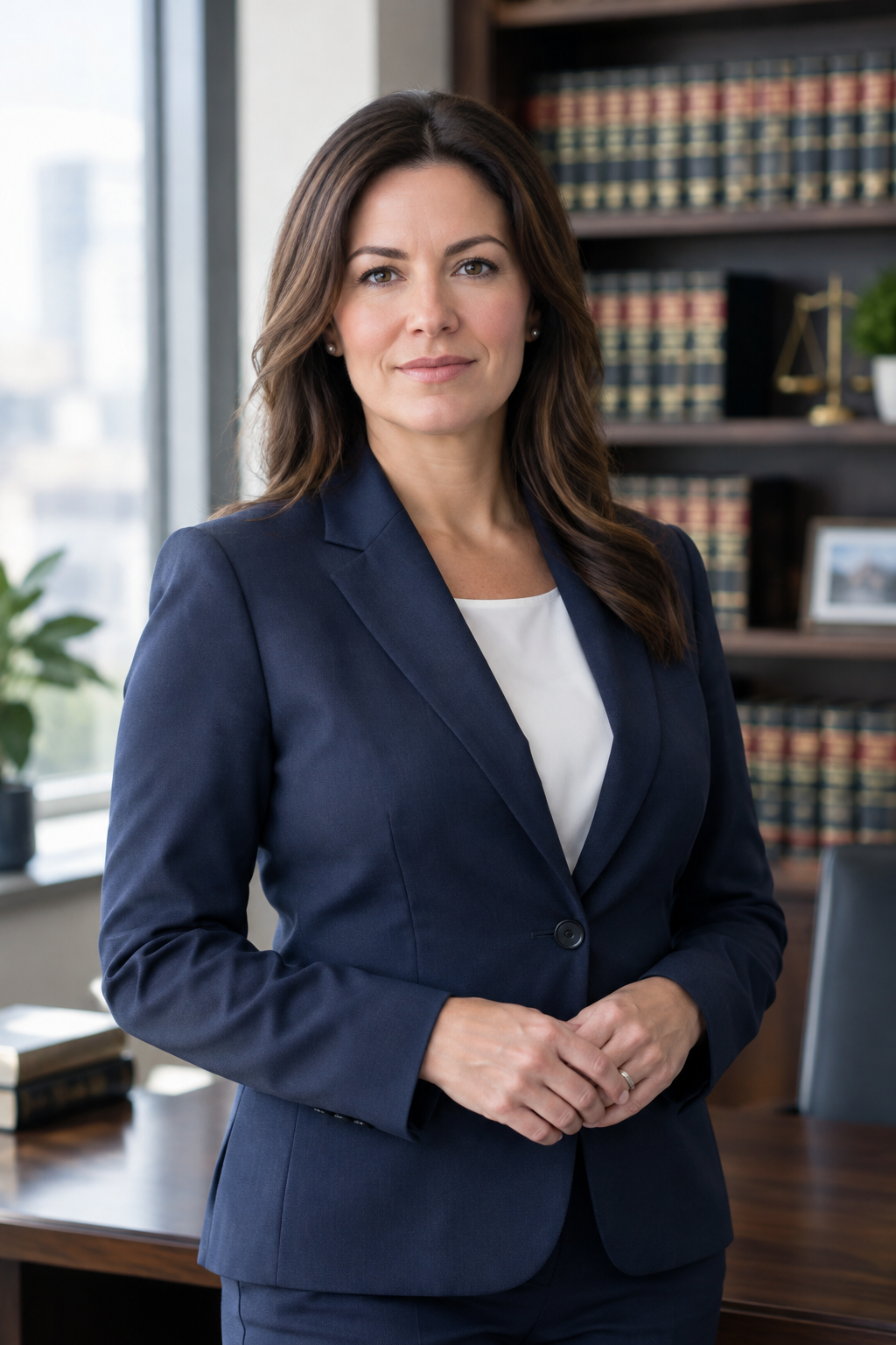 Confident family law attorney in a navy suit standing in a professional office with legal books and soft natural light