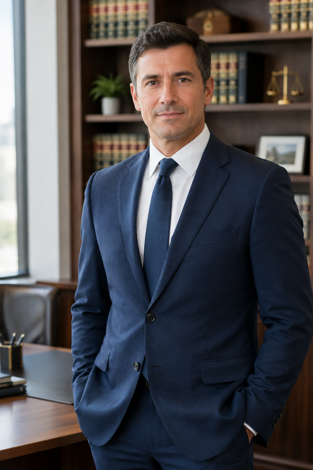 Professional portrait of attorney Jordan J. Willick in a navy suit and white shirt, standing confidently in a law office