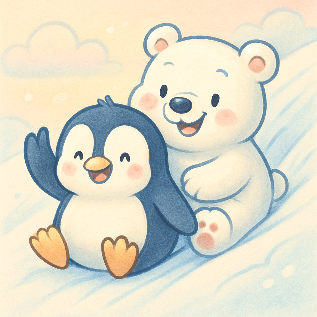 Cartoon penguin and polar bear sliding down a snowy hill, smiling and waving