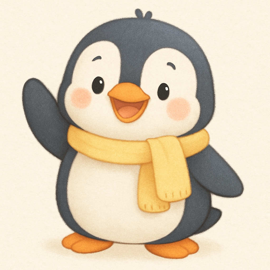 Cheerful cartoon penguin waving with a pastel yellow scarf