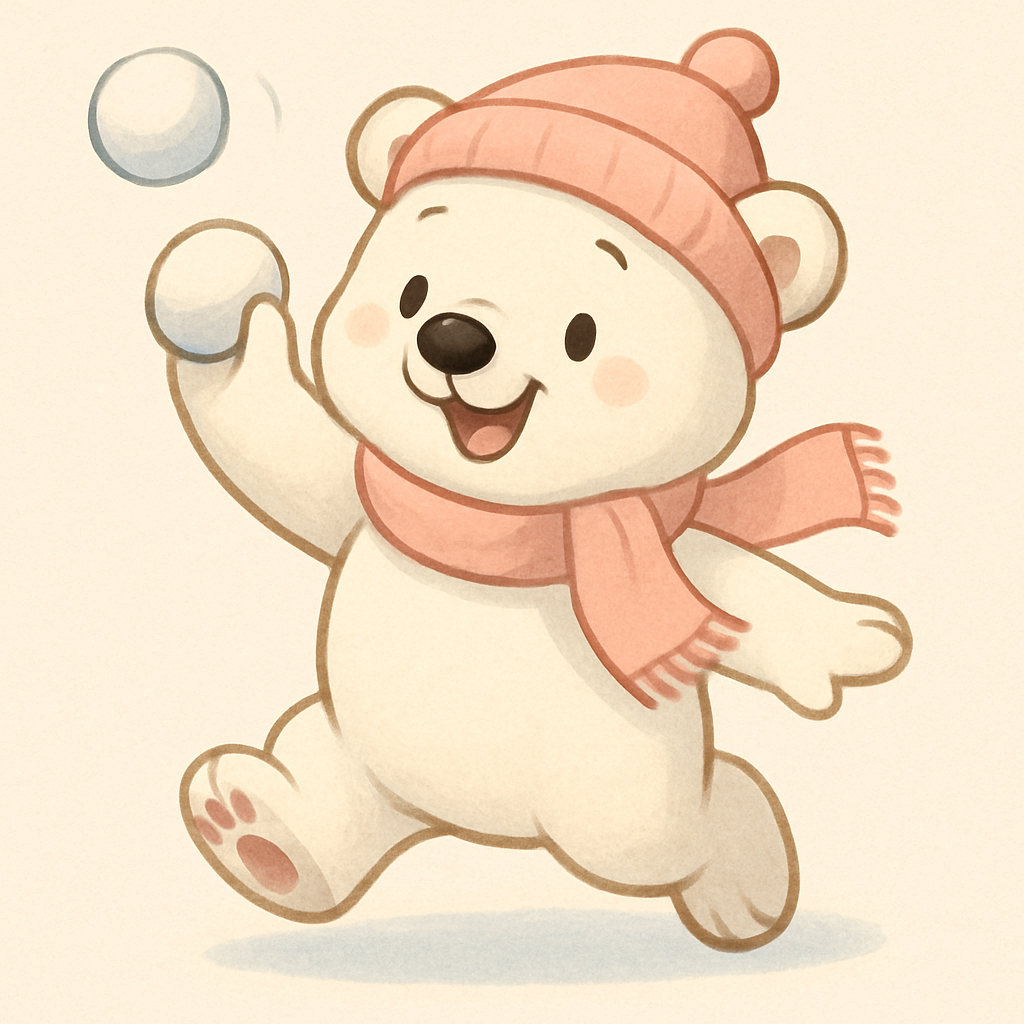 Playful cartoon polar bear throwing a snowball, wearing a pastel pink hat