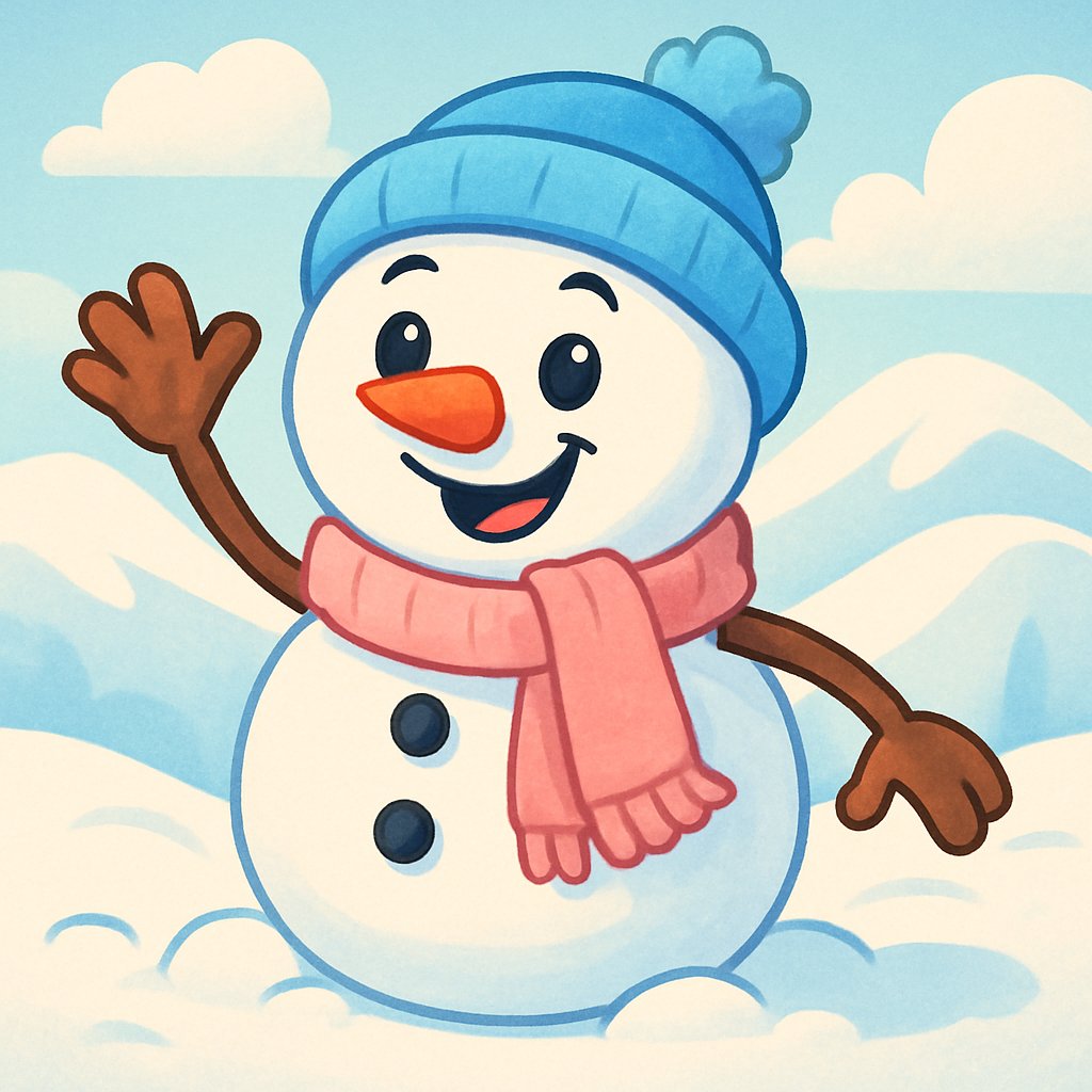 Cartoon snowman with scarf and hat waving, smiling in front of snowy hills