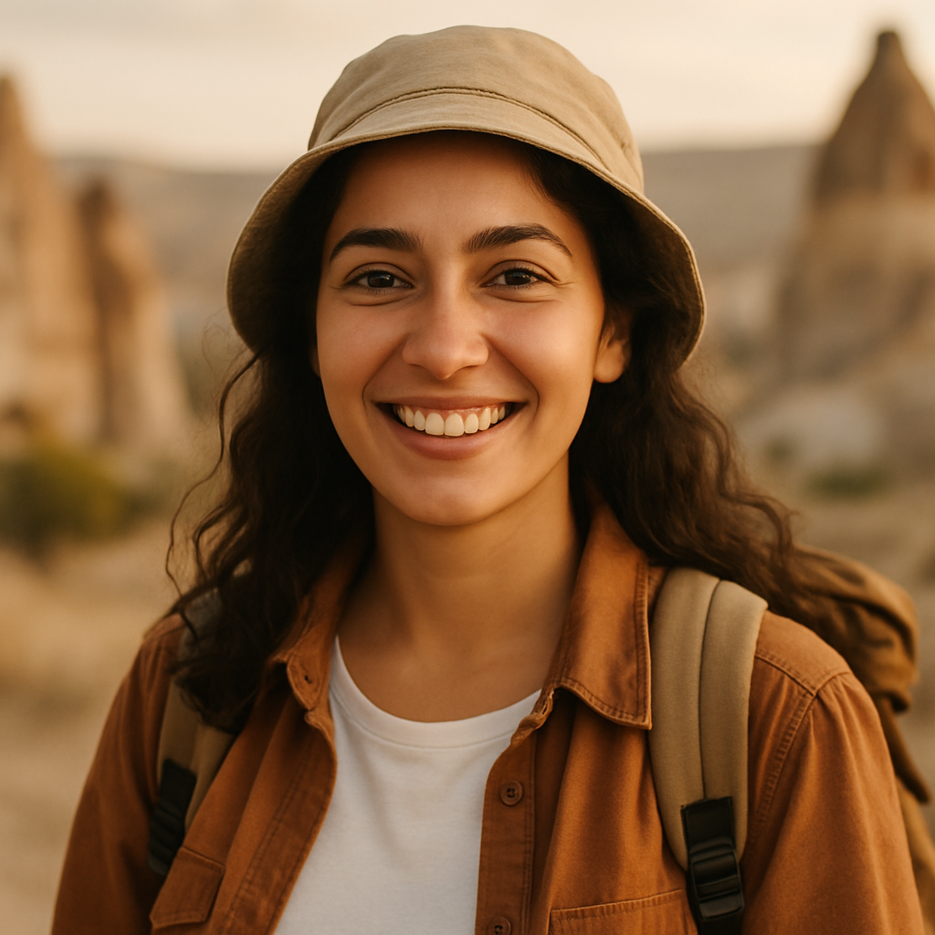 Güler yüzlü genç kadın gezgin portresi