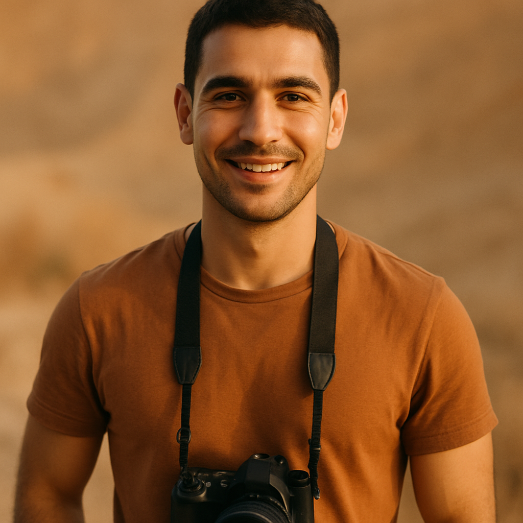 Genç erkek fotoğrafçı gezgin portresi