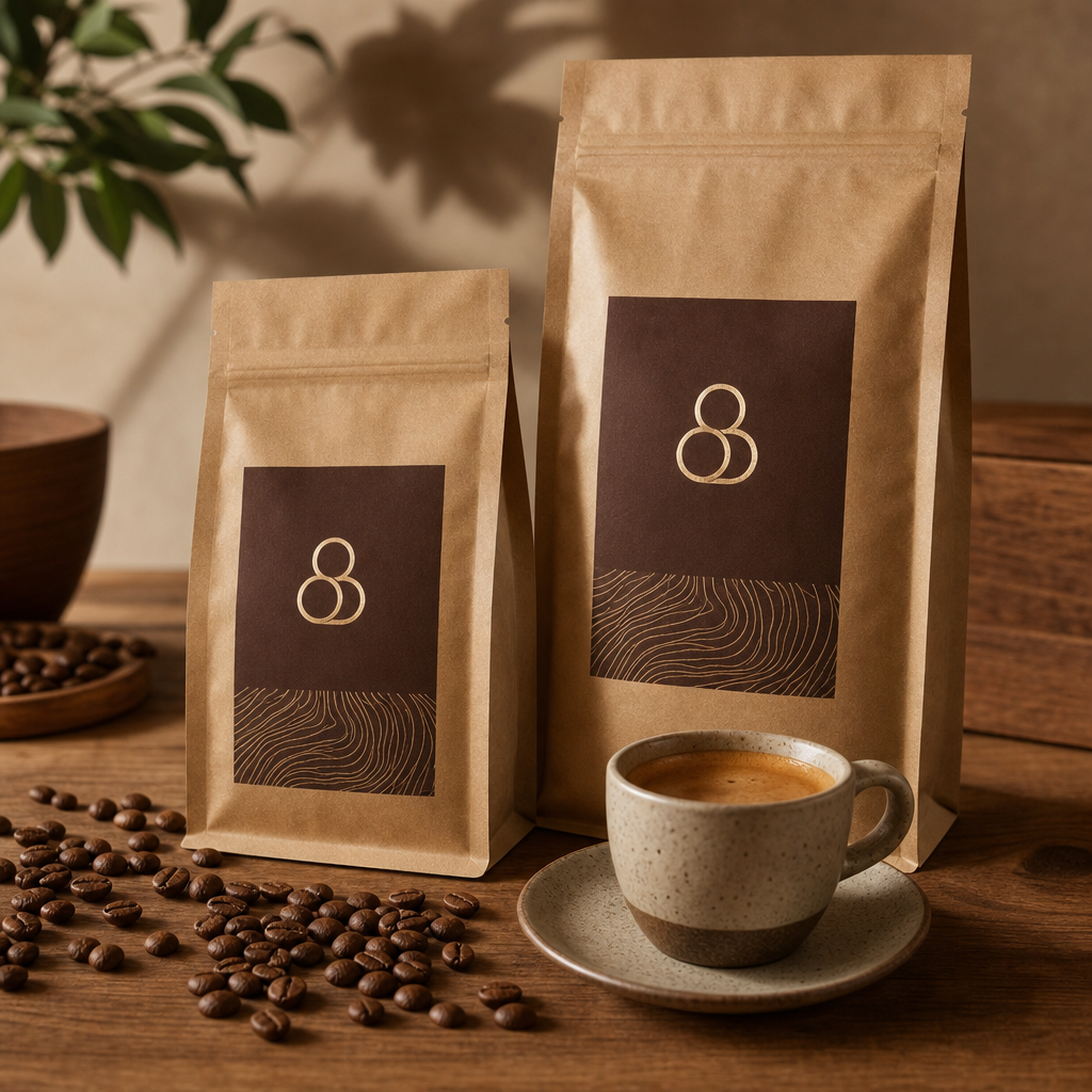 Elegant kraft coffee bean bags with rich brown labels beside a cup of espresso and scattered roasted beans