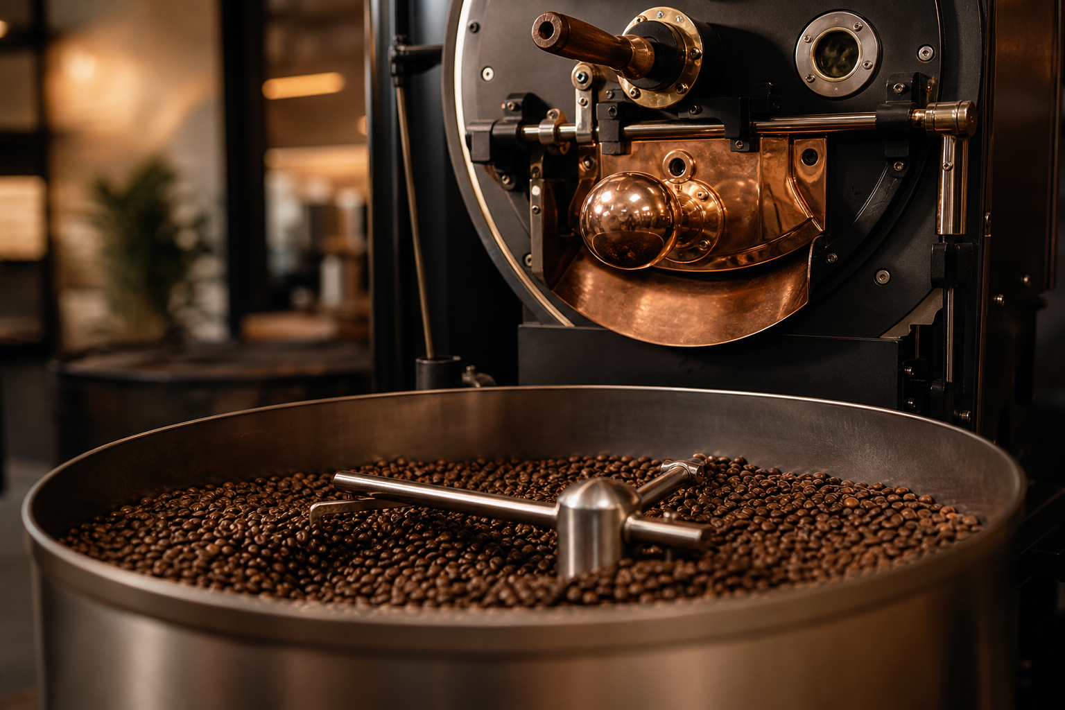 Close-up of a modern coffee roaster with warm copper tones and freshly roasted beans