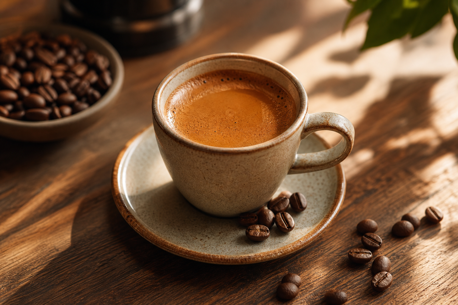 A ceramic espresso cup on a wooden table with crema and soft morning light