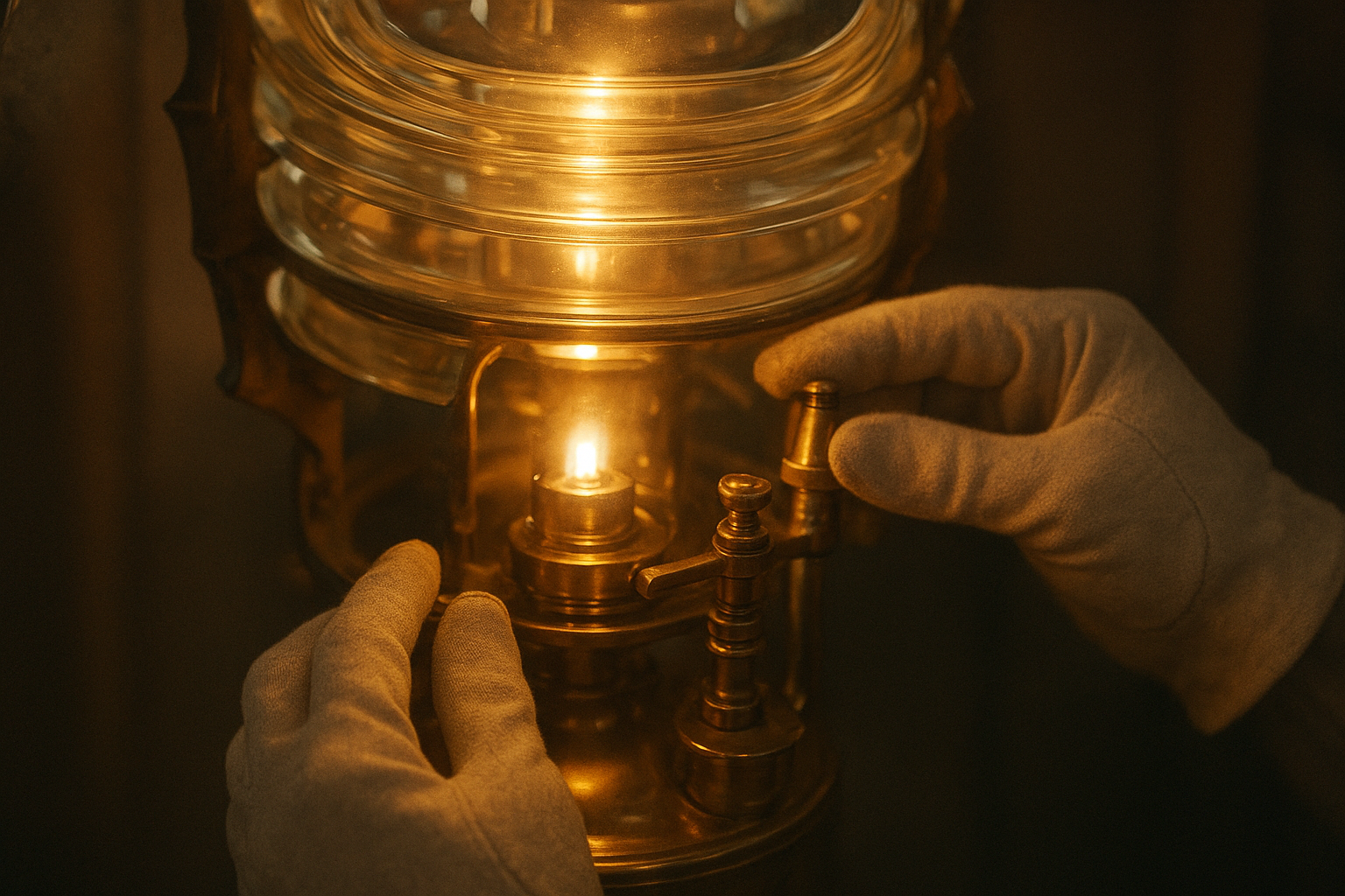 Close view of a lighthouse Fresnel lens and brass lamp housing with a keeper's gloved hands adjusting the mechanism