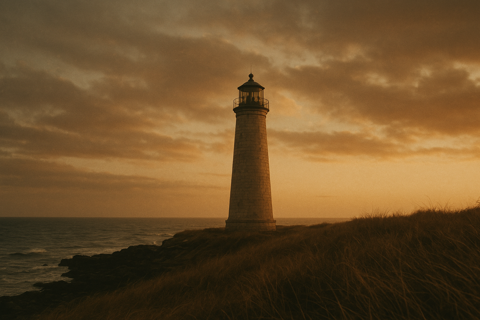 Warm-toned archival-style photograph of a northern coastal lighthouse on rugged cliffs under a moody evening sky