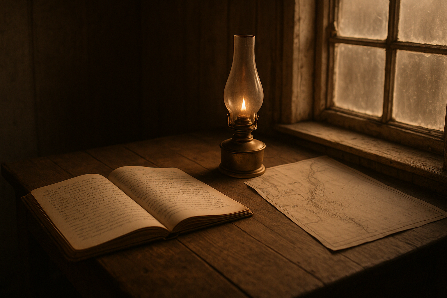 A weathered wooden desk inside a lighthouse quarters with an open logbook, brass oil lamp, and folded coastal chart in warm morning light