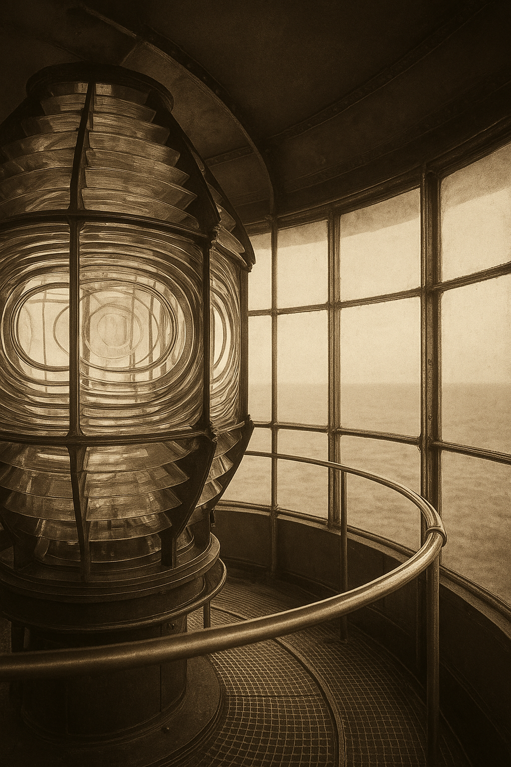 Interior view of a brass-and-glass lighthouse lantern room with circular catwalk and polished lens