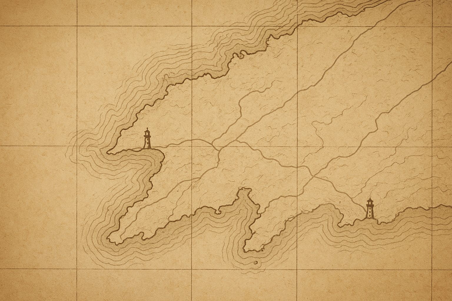 Archival-style map detail of the northern coastline with hand-drawn shoreline contours, lighthouse point markers, and muted route lines