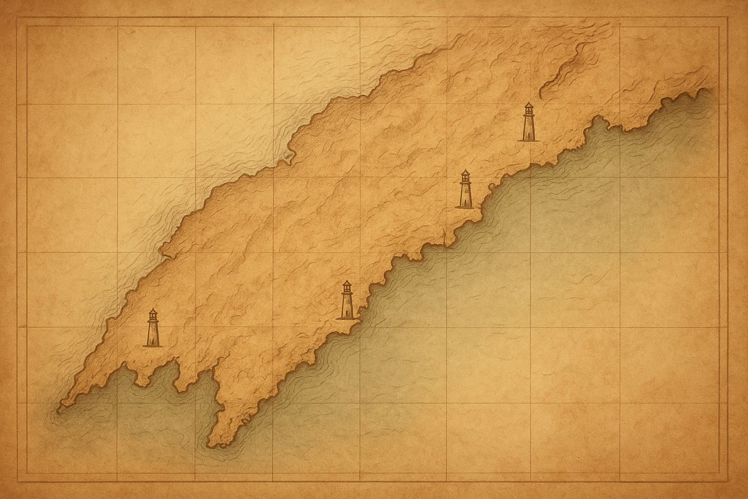 Warm-toned historical map illustration of the northern coastline with lighthouse marker points