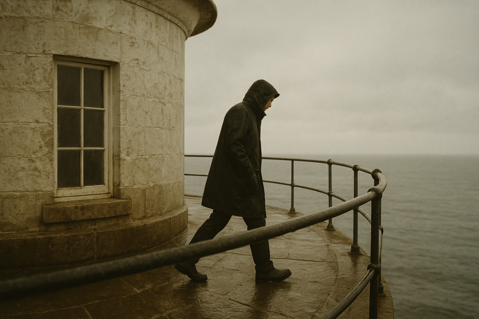 A solitary figure in heavy coat walking a lighthouse gallery after rain, with damp metal railings and grey coastal sky