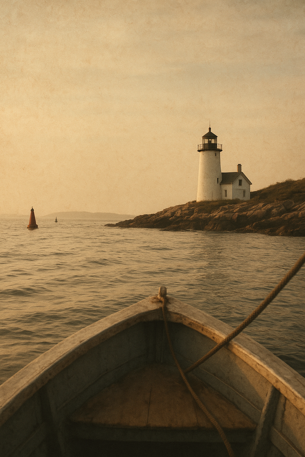 Approach view from a small vessel toward a coastal lighthouse marking a narrow channel