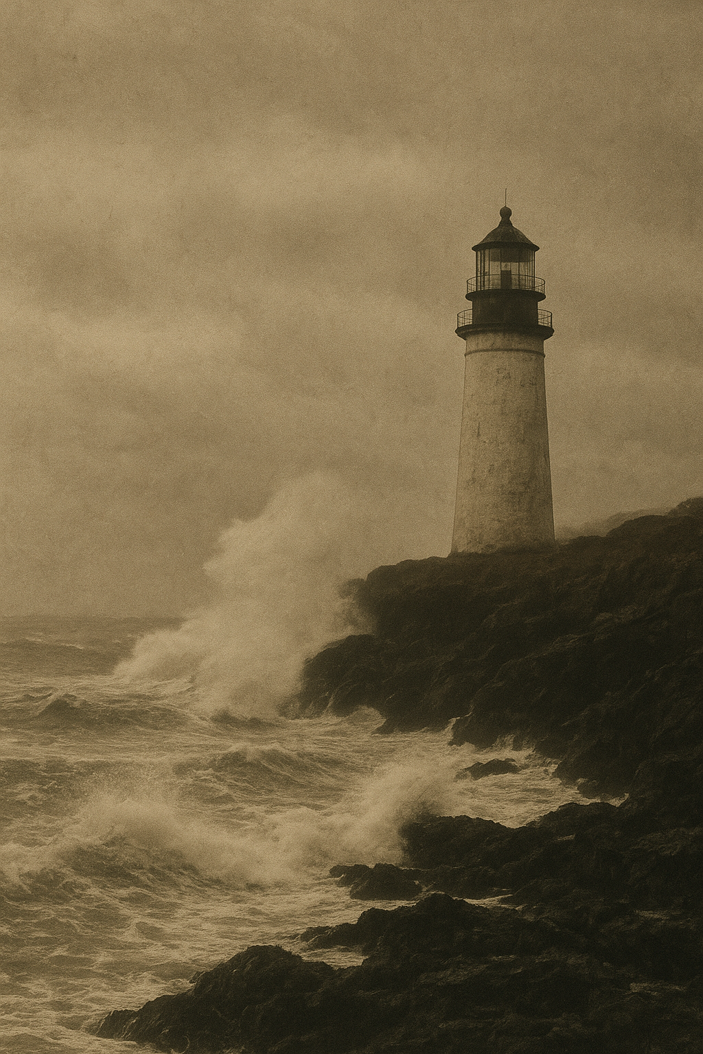 Distant lighthouse tower standing against dark waves and wind-driven sea spray during a storm