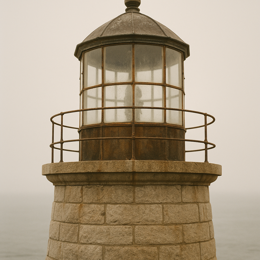 Close view of weathered lighthouse stone and lantern glass with sea haze in soft overcast light