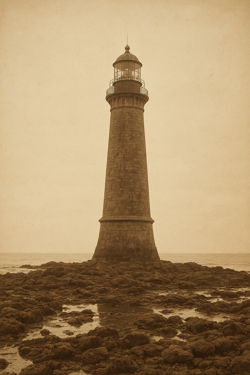 Full-height stone lighthouse portrait at low tide with exposed rocks in foreground