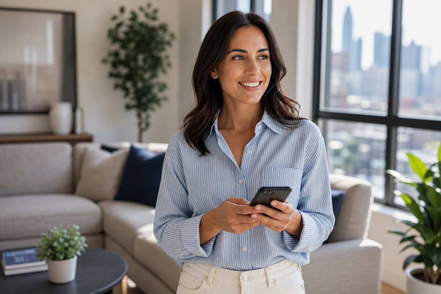 Smiling woman holding a smartphone in a bright modern living room