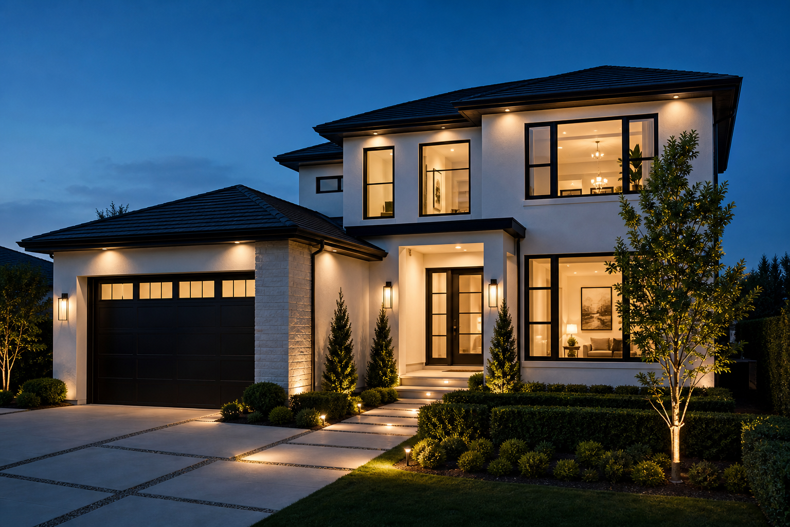 Modern house exterior at dusk