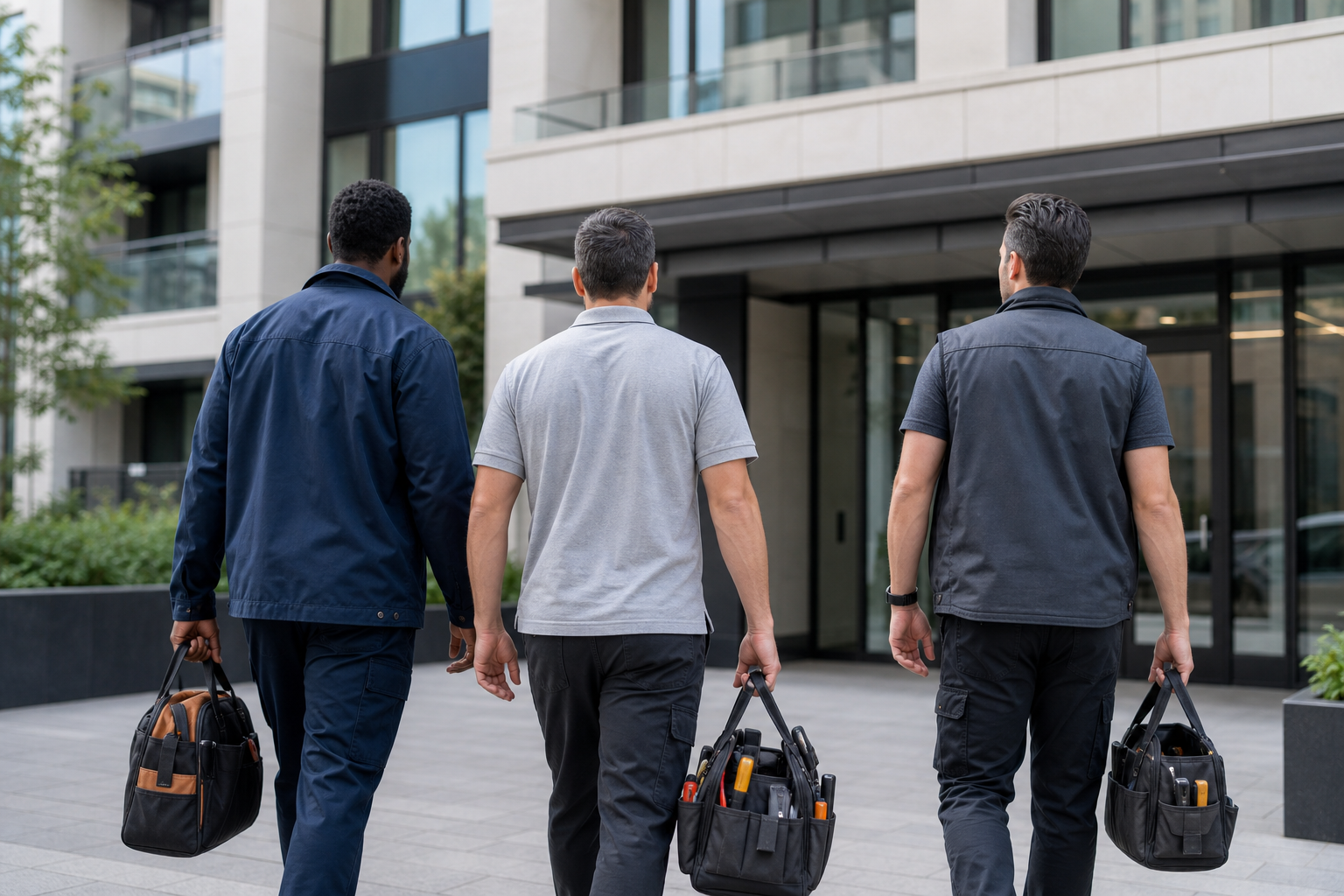 three service professionals walking toward a building entrance carrying tool bags