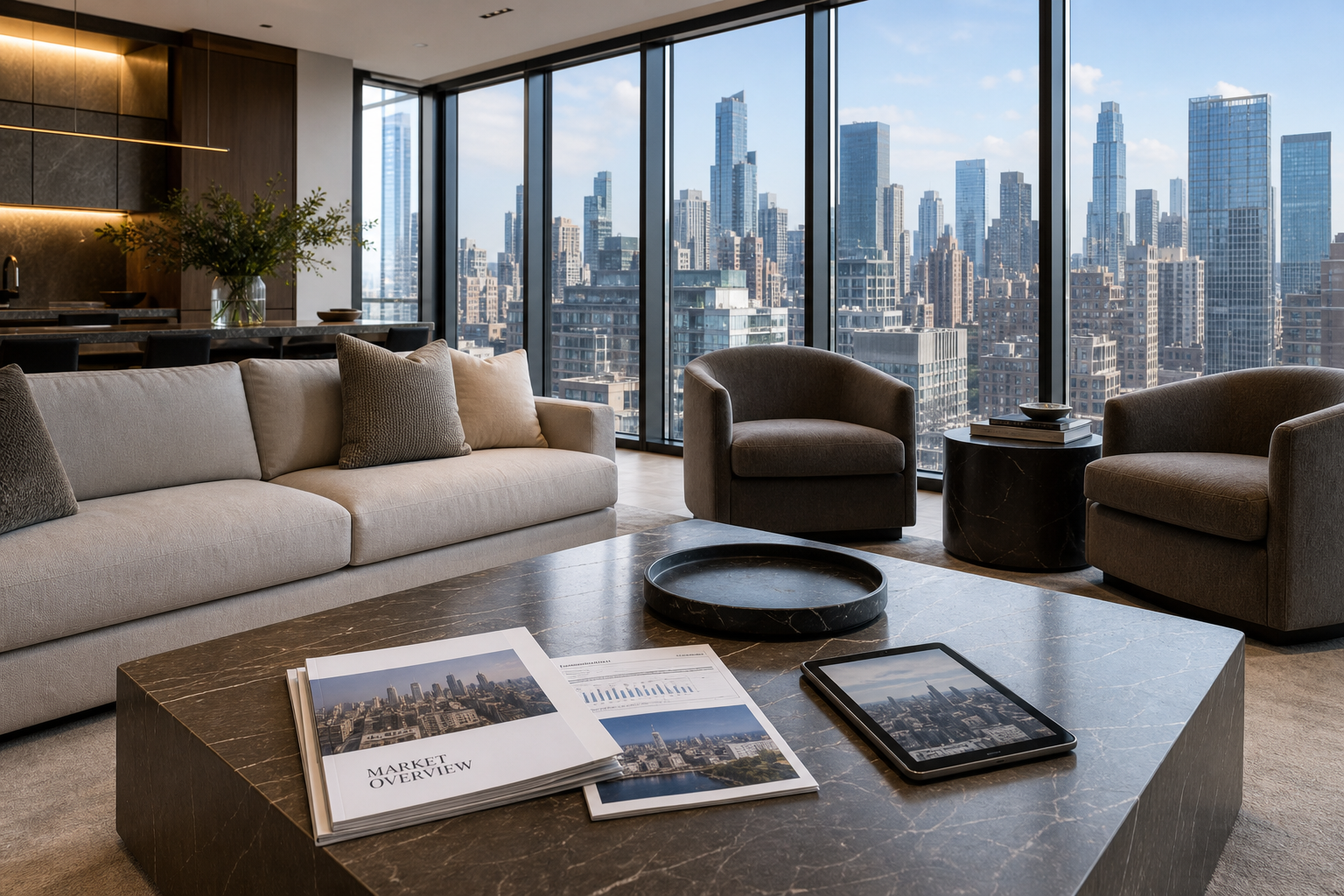 Luxury residential interior with city skyline view, modern seating area, and investment planning documents on a coffee table